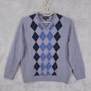 Banana Republic Sweater Men 2XL Gray Pullover Argyle 100% Merino Wool V-Neck A3